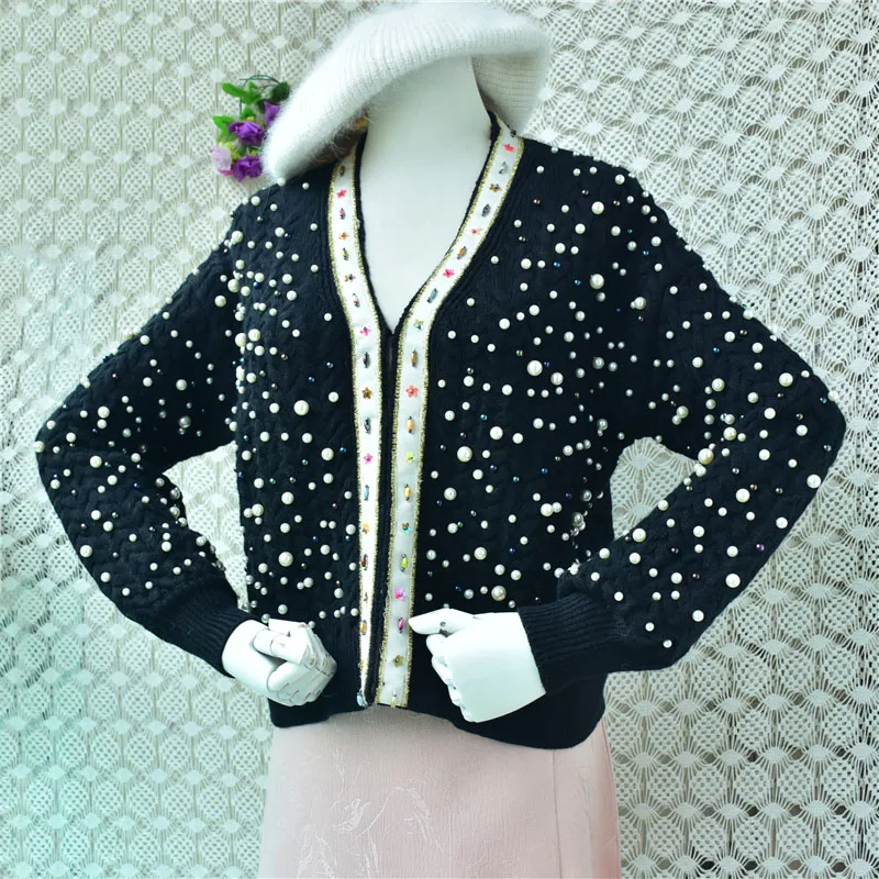 

Ladies Women Autumn Winter Fashion Black Shining Beading Wool Blended V-Neck Long Sleeves Crop Top Loose Cardigans Sweater Coat