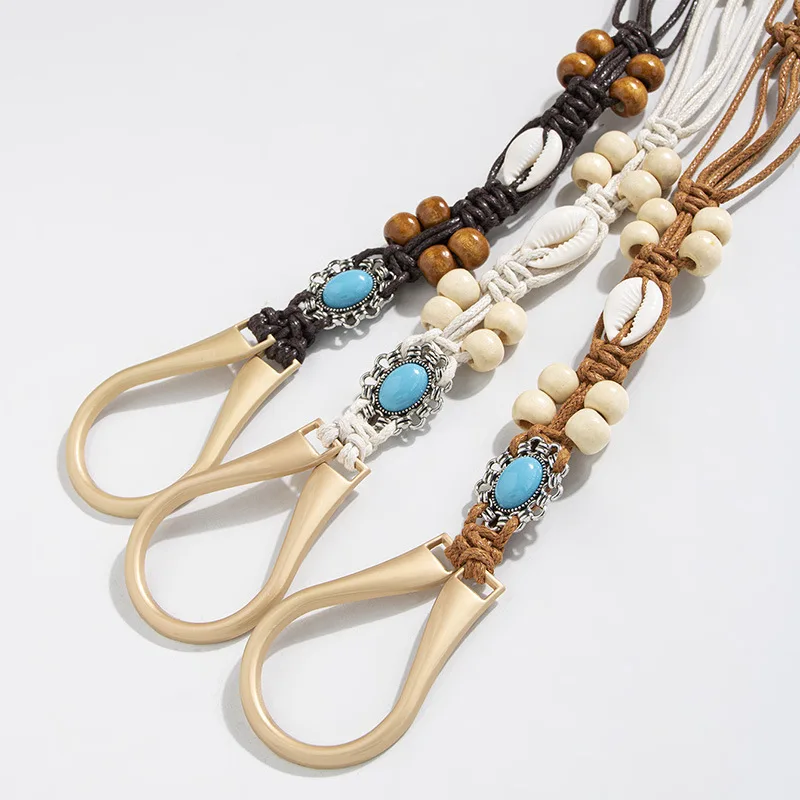 Bohemian Style Belt Knotted Ethnic Style Handmade Wooden Bead Shell Women's Belt Casual Vacation Style Exquisite Waist Strap