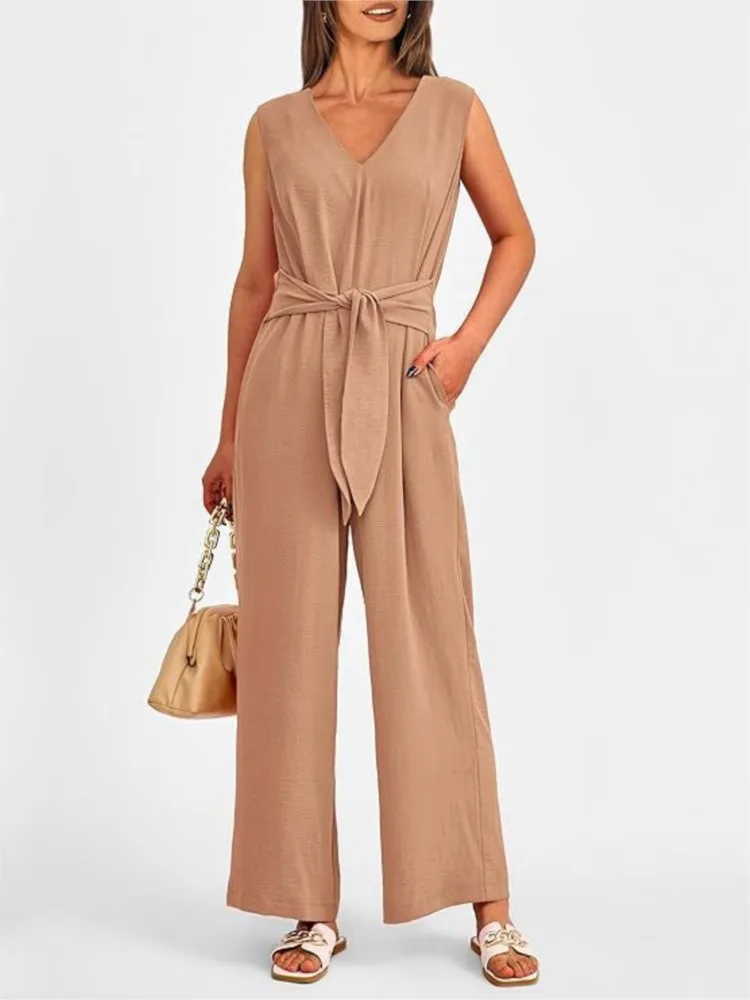 Women\'s Spring Summer New 2024 Sexy V-neck Wide Leg Jumpsuit Sleeveless Fashionable Zipper Long Casual Comfortable Jumpsuit