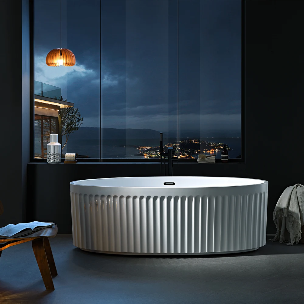 

New Design Bathtub Wavy Texture on Surface Acrylic Free Standing Bathtub with Drainage
