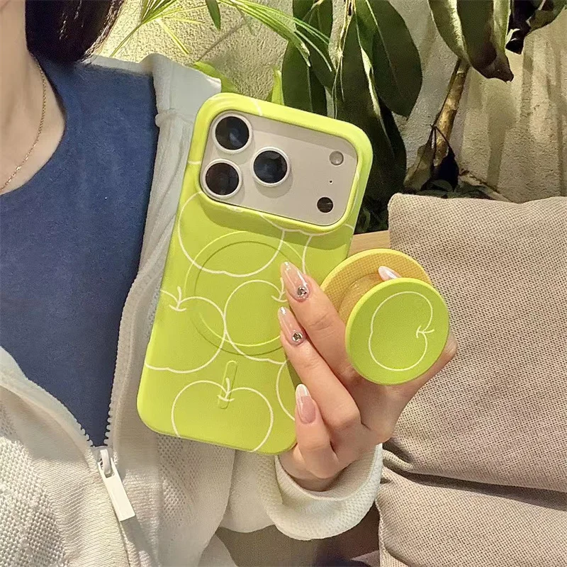 

Cute Green Apple Line Art Phone Case with Magnetic Grip Holder For iPhone 17 16 15 Pro Max Soft Protective Cover For Girls