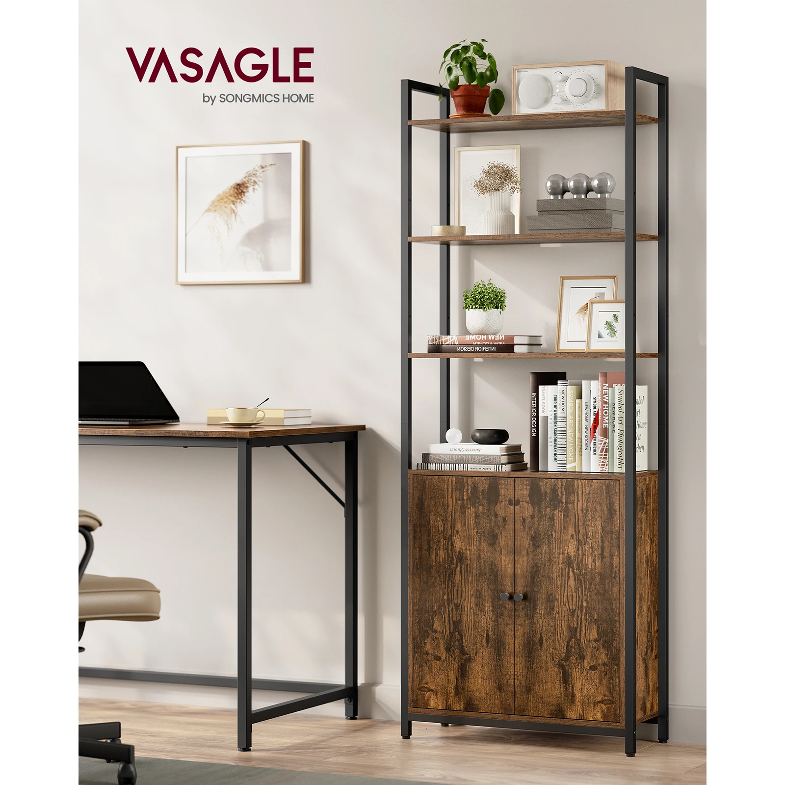 VASAGLE 6-Tier Bookcase, Tall Bookshelf with Door, Metal Frame, Adjustable Shelves, 24 x 60 x 159.5 cm