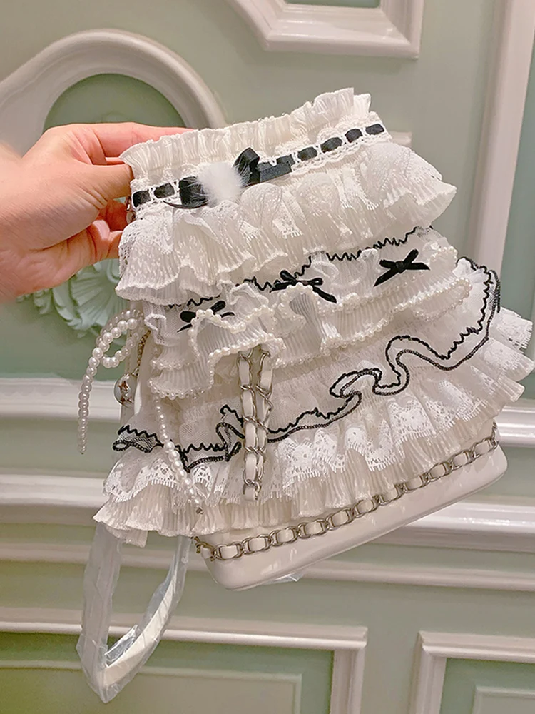 Japanese Original Lace Trim Pearl Bow Handbag French Sweet Elegant Lady Fashion Versatile Backpack