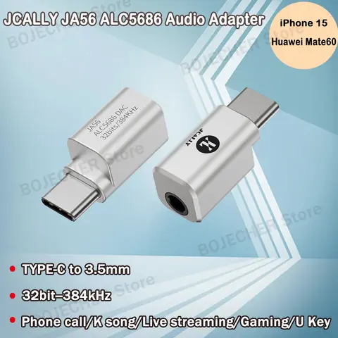 JCALLY JA56 ALC5686 C 타입에서 3.5mm 하이파이 오디오 어댑터, DAC 휴대폰 어댑터, 아이폰 15 안드로이드, 384kHz, 32bit 미니 디코딩 앰프