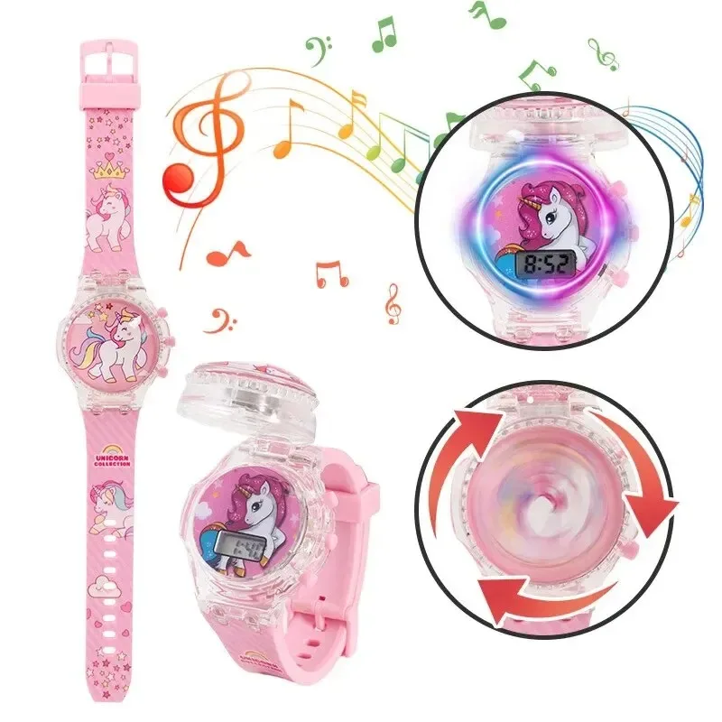 Cute Cartoon Kids Watch Electronic Revolve Flash Light Music Girls Children Wrist Watches Digital Unicorn Party Gifts Toy Clock