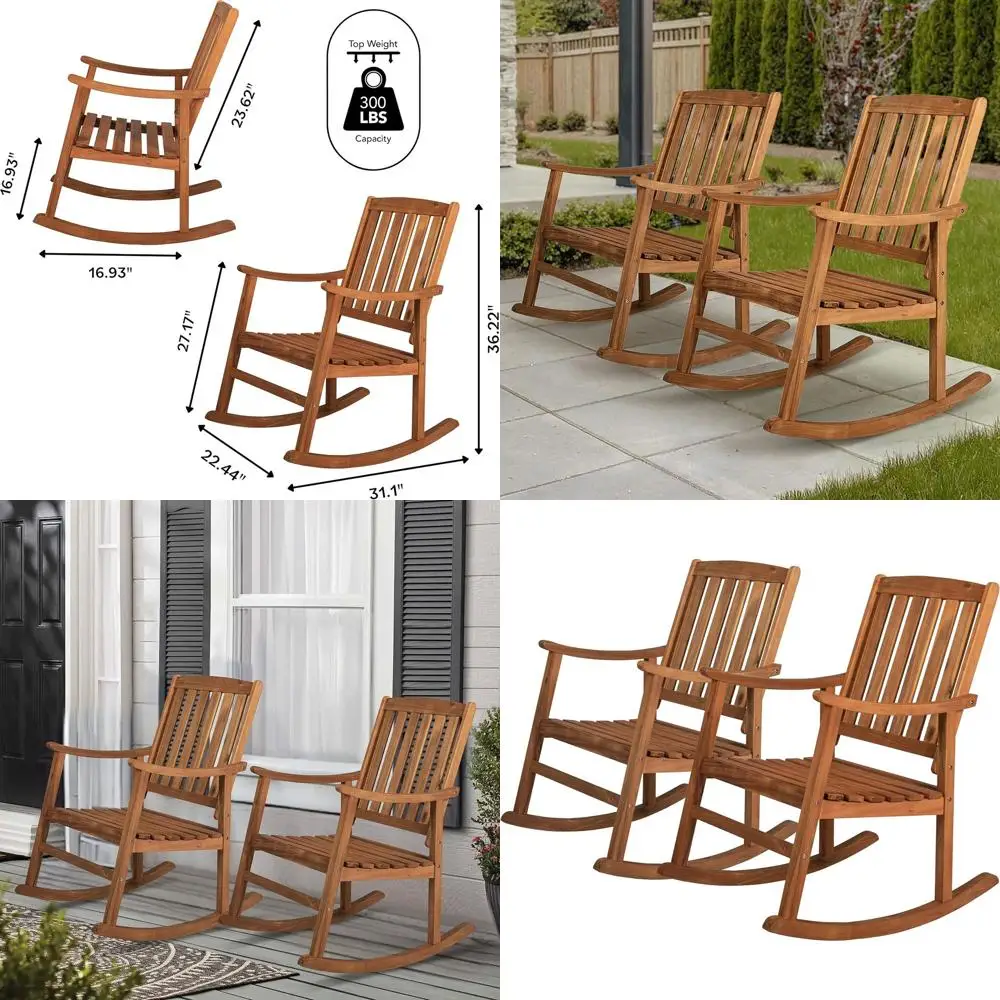 

RCK102A-SET2 Классическое кресло-качалка Wendy с ламельной спинкой, выдерживающее нагрузку до 300 фунтов, из акации, для патио, сада, газона, двора, бассейна, террасы