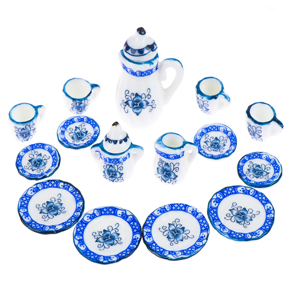 Girls Toys Tea Game Miniature Tea Set Dollhouse Furniture 15Pcs 1:12 Porcelain Cups Flower Tableware Kitchen Decorative Teapots