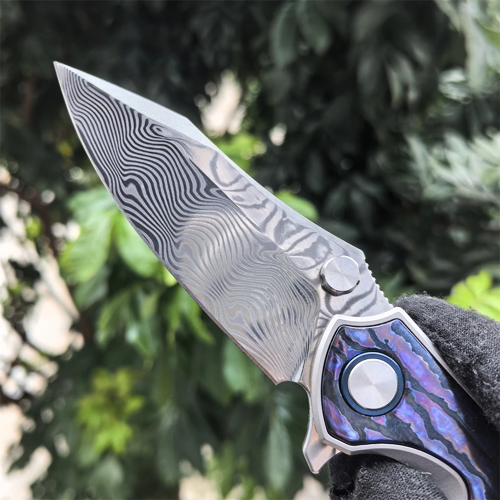 جيب سكين للفرد دمشق شفرة فولاذية أسود تيماسك مقبض التخييم في الهواء الطلق بقاء سكين صيد EDC أداة الدفاع