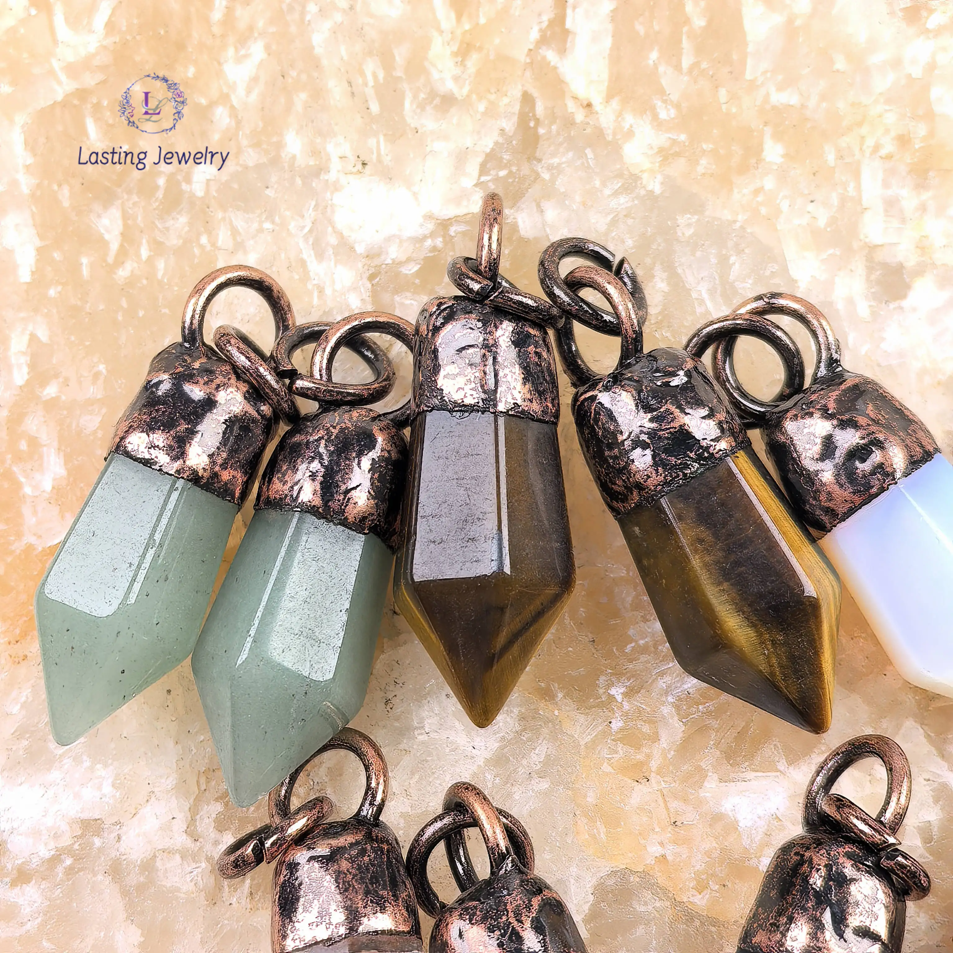 العتيقة النحاس سداسية نقطة الأحجار الكريمة المعلقات ، الريكي كريستال سبج عين النمر البندول المعلقات عقد بطرا عتيق لتقوم بها بنفسك مجوهرات