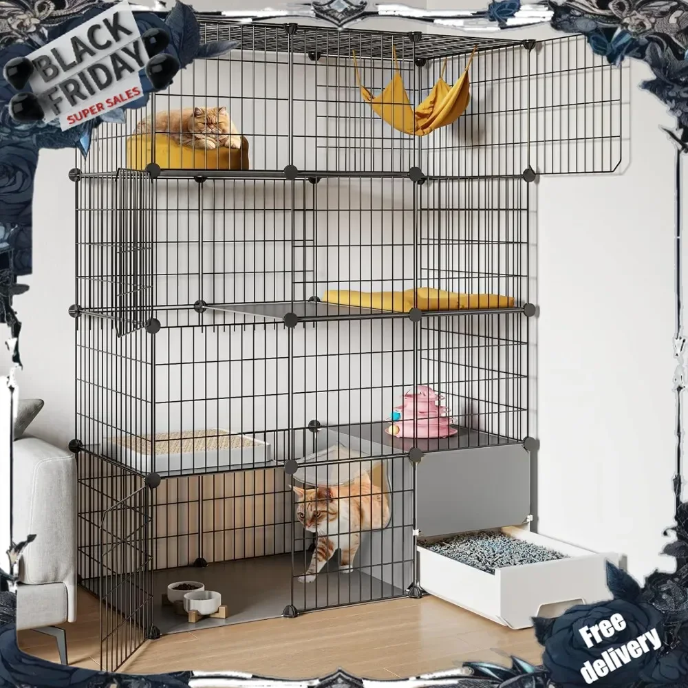 Cat Cage with Litter Box,4-Tier DIY Cat Enclosures Large Playpen Detachable Metal Wire Kennel Indoor Crate