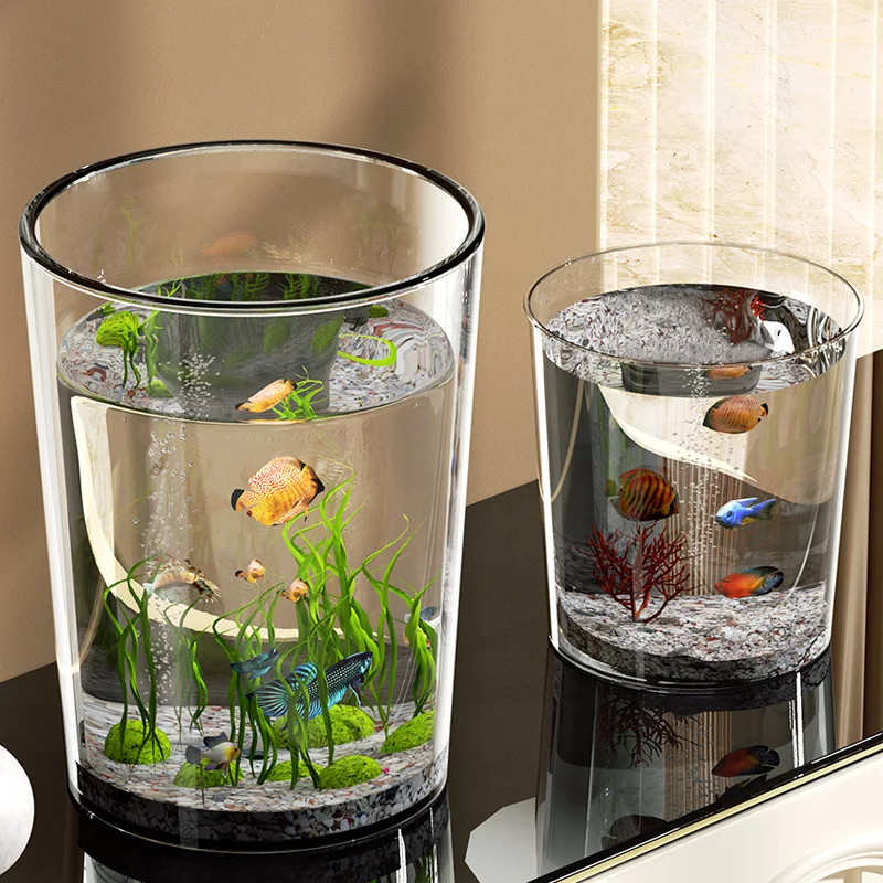 

Simple Plastic Fish Tank Highly Transparent and Shatter-Resistant Round Imitating Glass Fish Tank Tabletop Small Aquarium Box