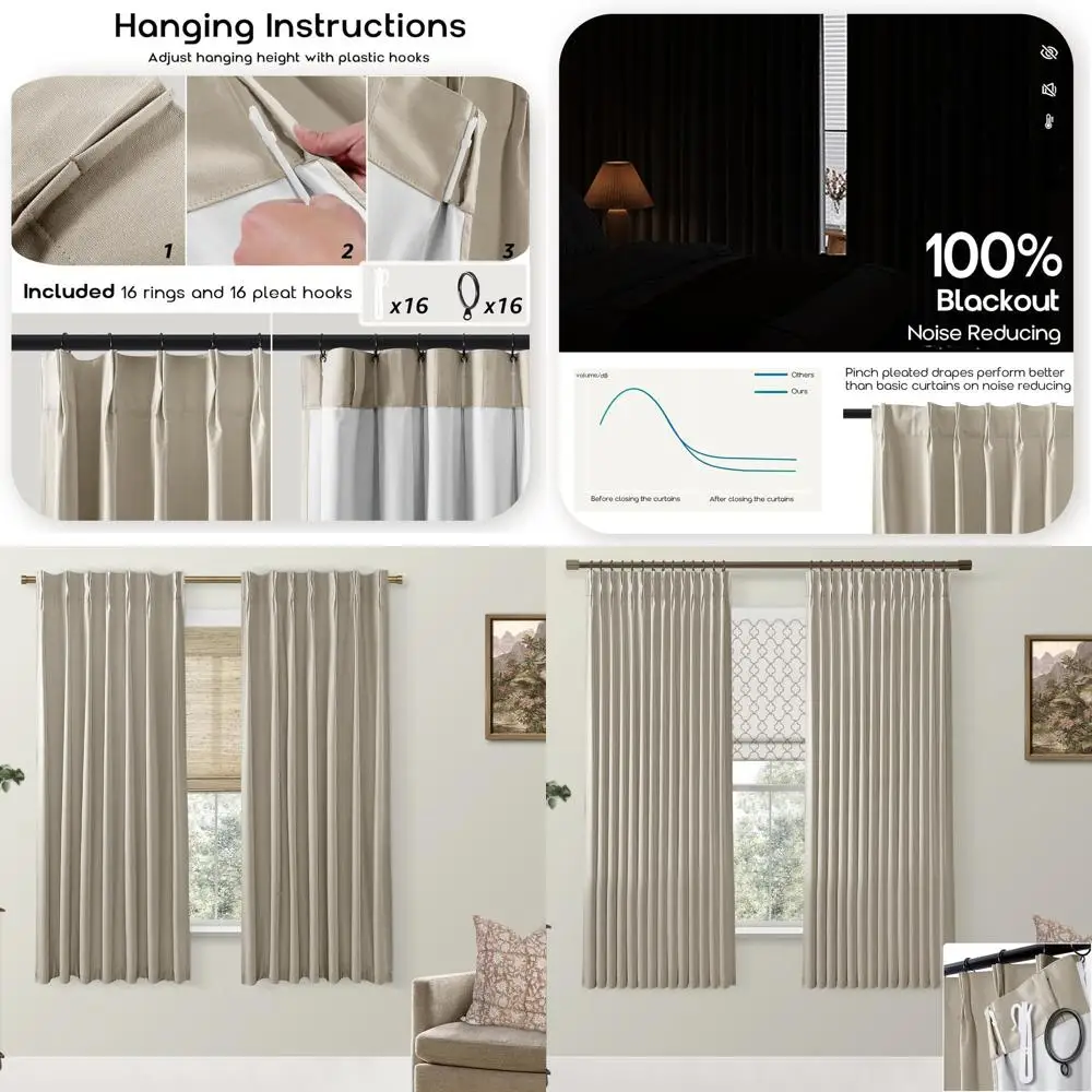 

Термоизолирующие светонепроницаемые шторы (63 дюйма), плотные льняные портьеры с плиссировкой, комплект из 2 панелей для спален и гостиных