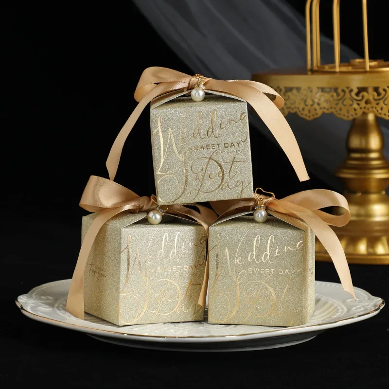 100pcs Wedding Candy Box with Pearl Ribbon Bow High-End Gift Chocolate High Quality Glitter Powder Shell Gift Box Wholesale