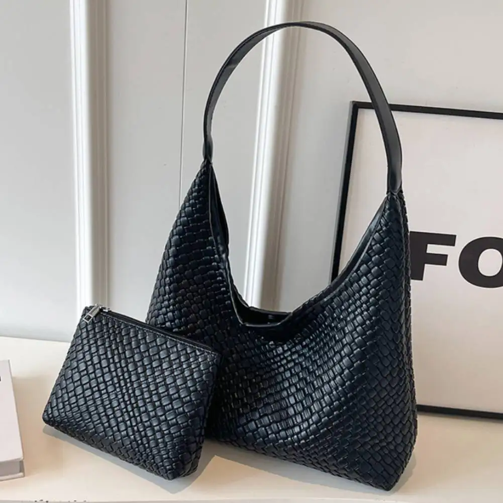 Women Large Shoulder Bag with Pouch PU Woven Tote Bag Trendy Satchel Hobo Bag Leather Armpit Handbag Commuting Bag