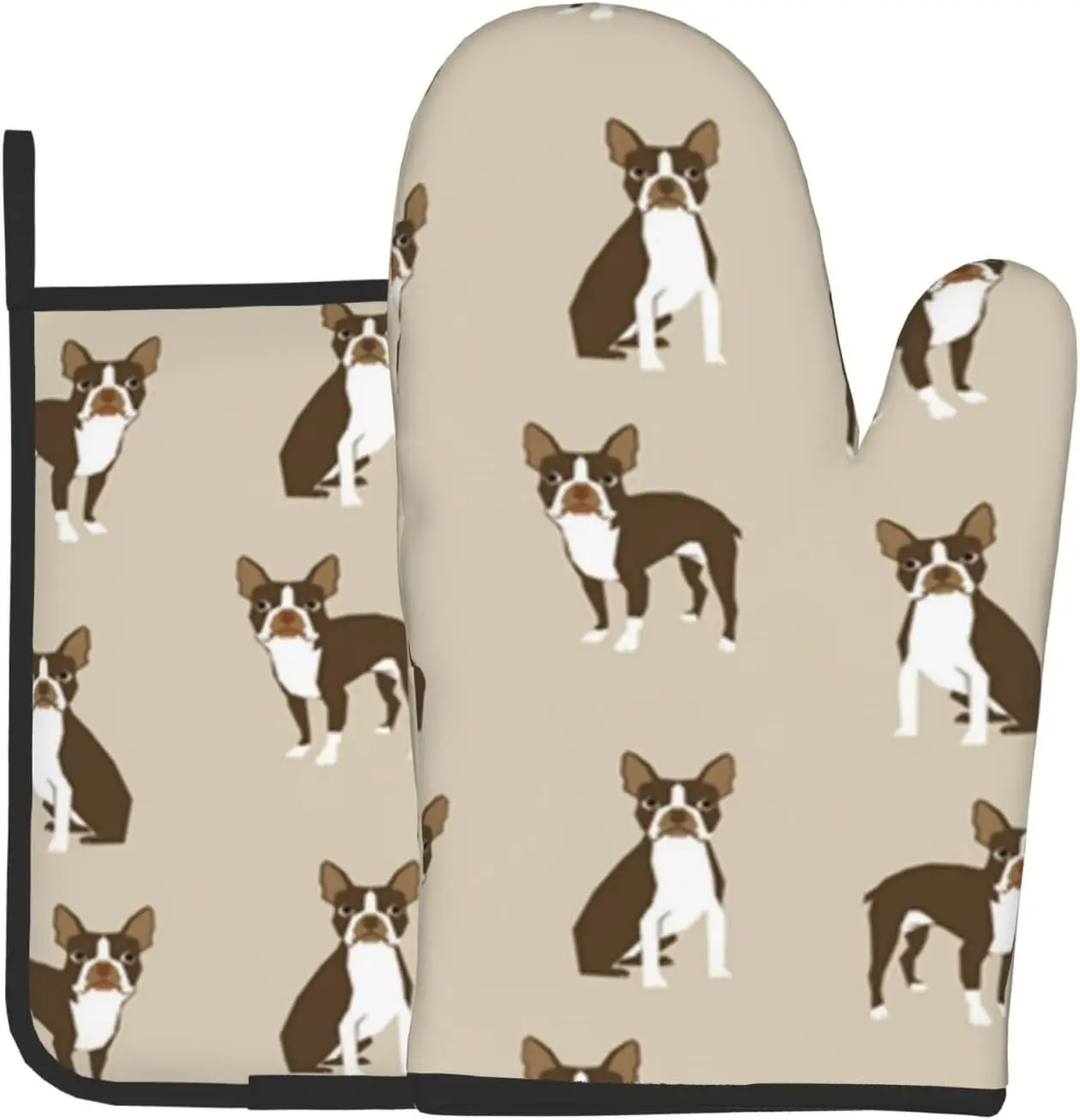 Boston Terrier Dog Oven Mitts & Pot Holders Sets Potholders with Hanging Loop Non-Slip Kitchen Cooking Gloves for BBQ Baking