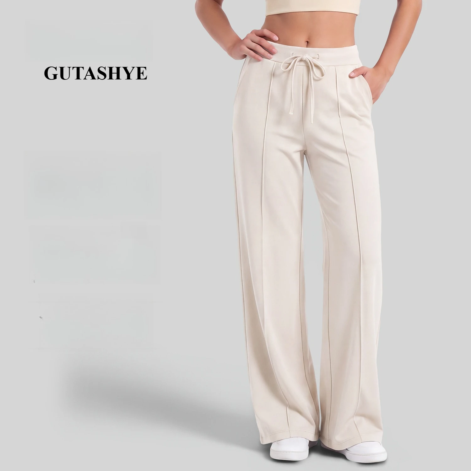 High Waist Drawstring Wide Leg Pants For Women Loose Draping Slim Yoga Trousers With Side Pockets For Gym Training Outdoor Wear