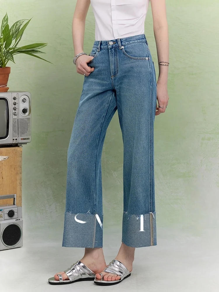 

SVLI Classic Washed Loose Straight Leg Jeans High Waist Blue Casual Style Nine Points with Turned Cuff for Ladies