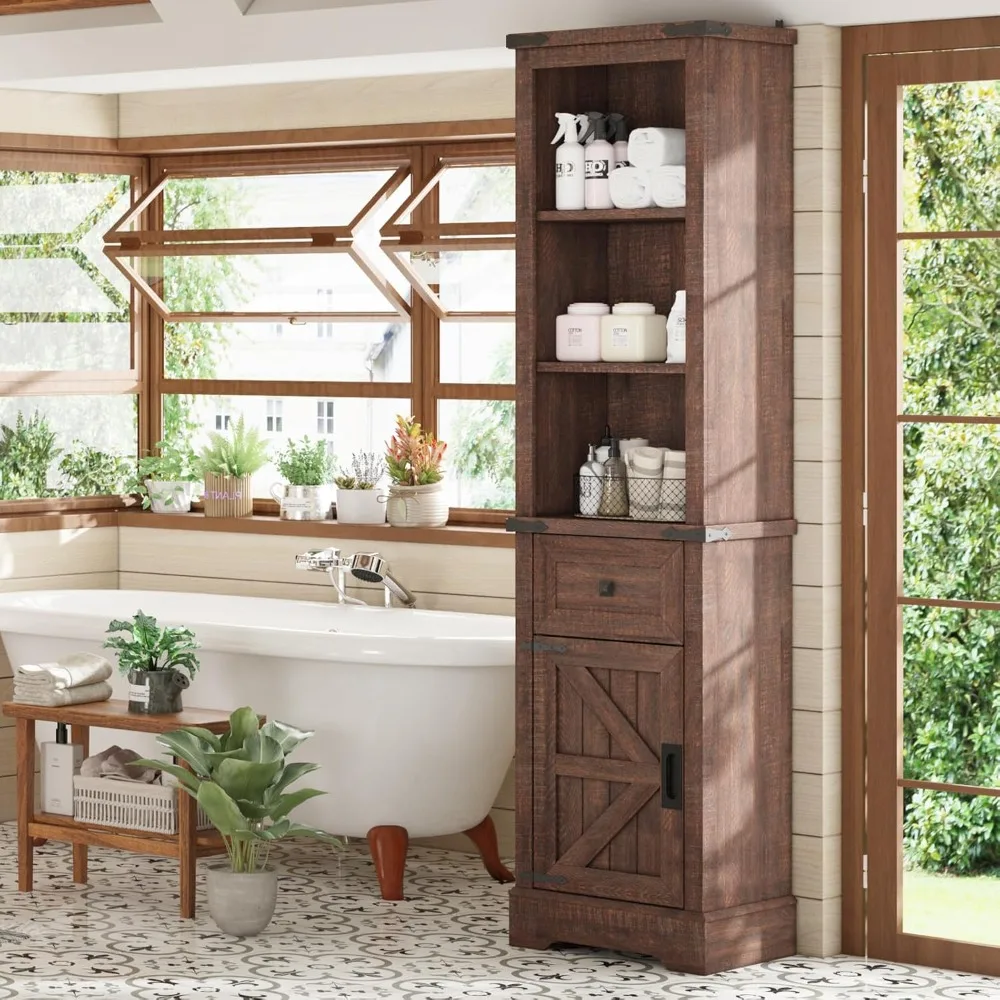 

68 Inch High Bathroom Cabinet, Farmhouse Slim with Door Storage Cabinet, 5 Adjustable Shelves and Drawers