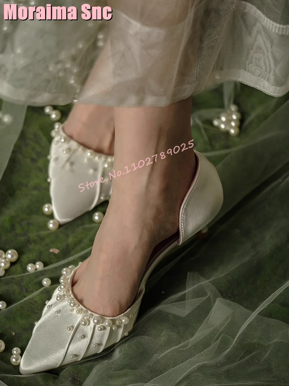 Sexy Elegant Pearl Decor Satin Sandals Pointed Toe Slip On Thin Mid Heel Fashion Women's Wedding Shoes Summer Banquet Party 2024