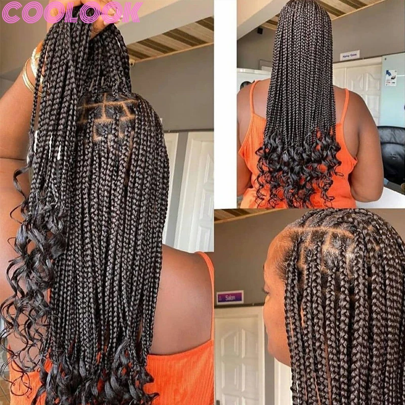 Synthetic Lace Frontal Braided Wigs 24 Inch Black Full Lace Braids Hair with Plaits Knotless Crochet Braid Wig for African Women