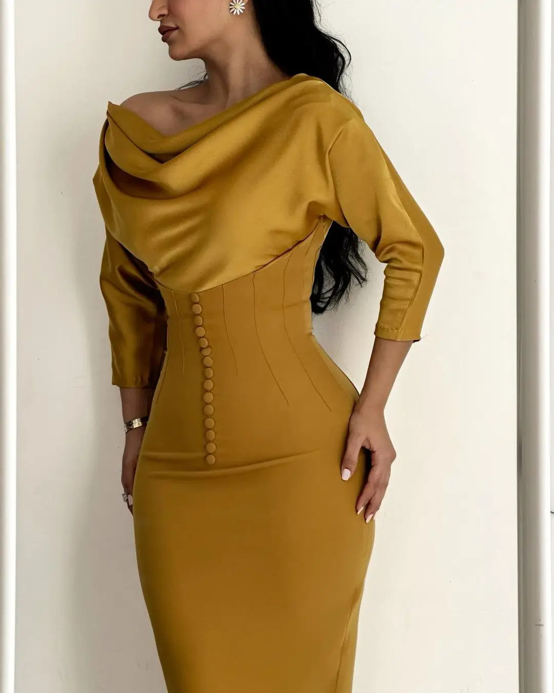 Arabia Women Elegant Party Dresses Button Empire Sheath Vestidos De Graduación Long Sleeves Formal Occasion Dresses 2023