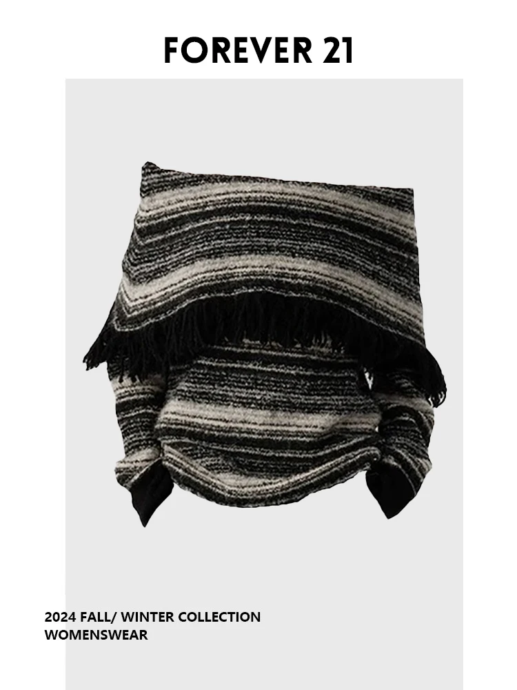 

Forever 2 Lazy Sle Striped Sweater with Large Lapels Lightweight Tassel Overhead Autumn Ladies Faion plus Size Inner Wear