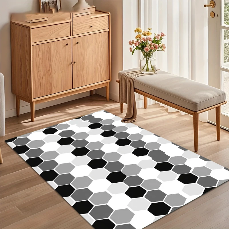 Black White Gray Hexagonal Mosaic Area Rug for Living Room Bedroom Modern Geometric Home Decor Soft Non Slip Washable Floor Mat