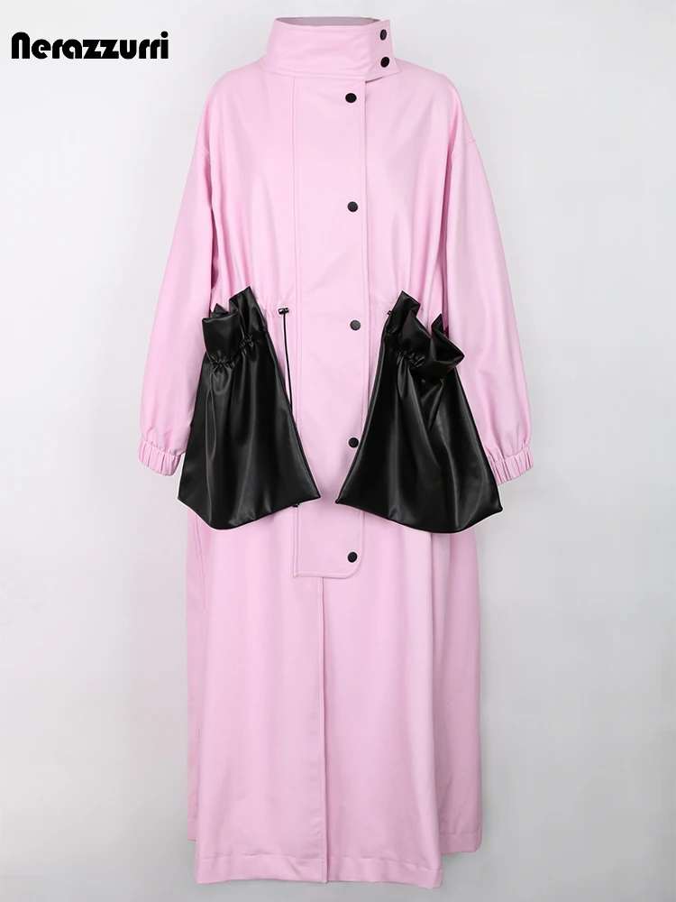 Nerazzurri Lente Herfst Lange Oversized Roze En Zwarte Kleur Blok Pu Lederen Trenchcoat Voor Dames Luxe Merkkleding 2024