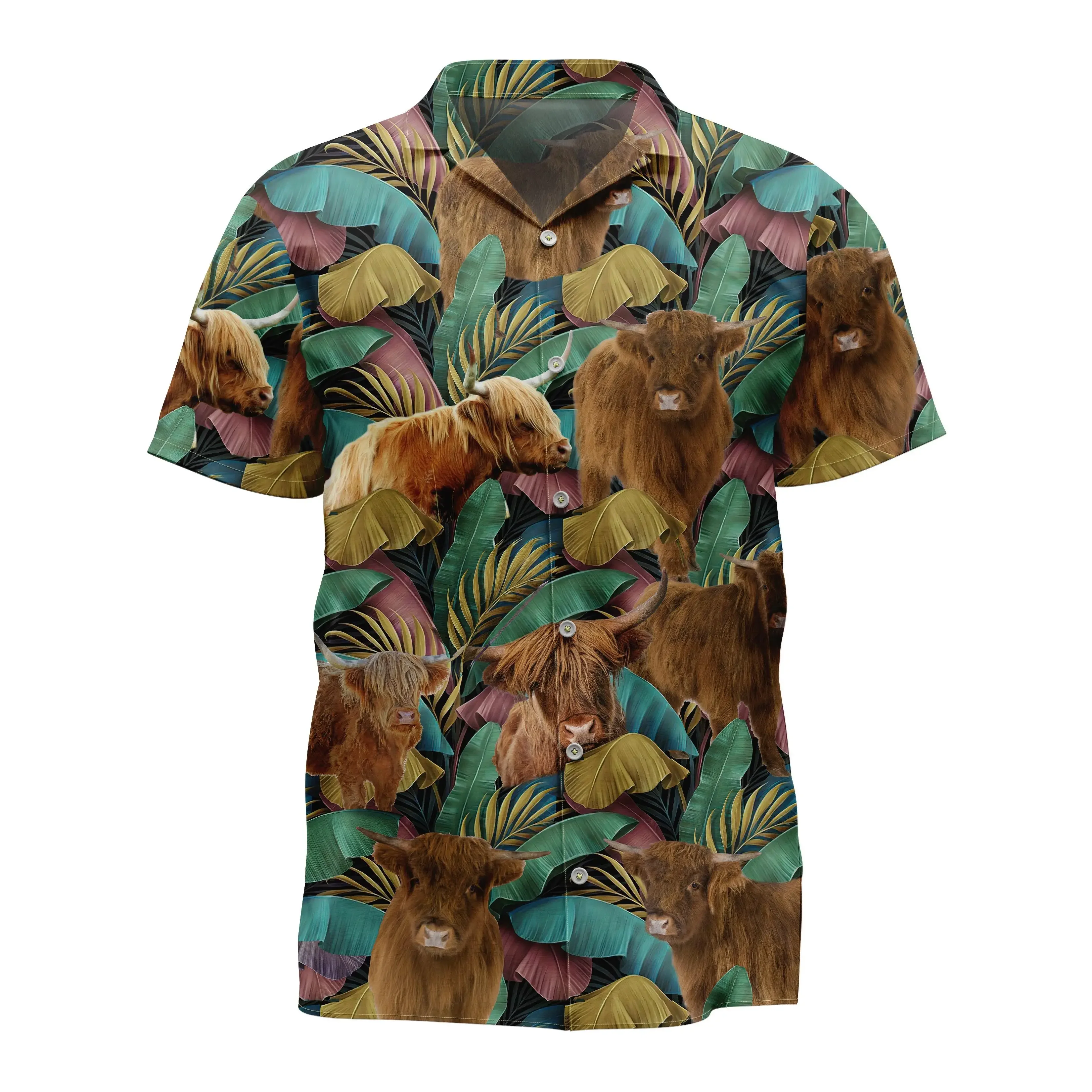 Jumeast Highland Cattle Pattern Hawaiian Shirt Banana Leaves Graphic Aloha Shirts Tropical Casual Man Clothing Farmer Gifttify