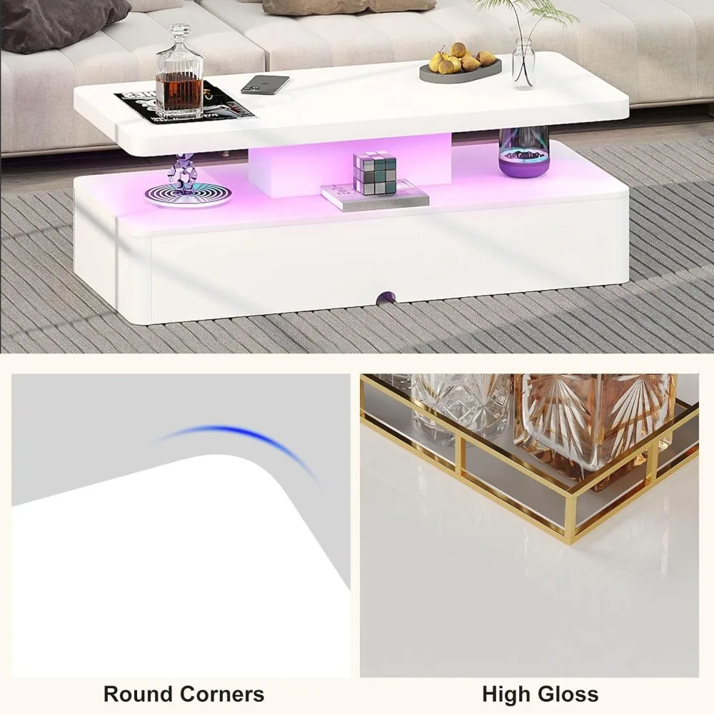 Rectangular LED-lit Coffee Table with Storage, 40 Large, 2 Tier, 16 Color Options, Modern Design
