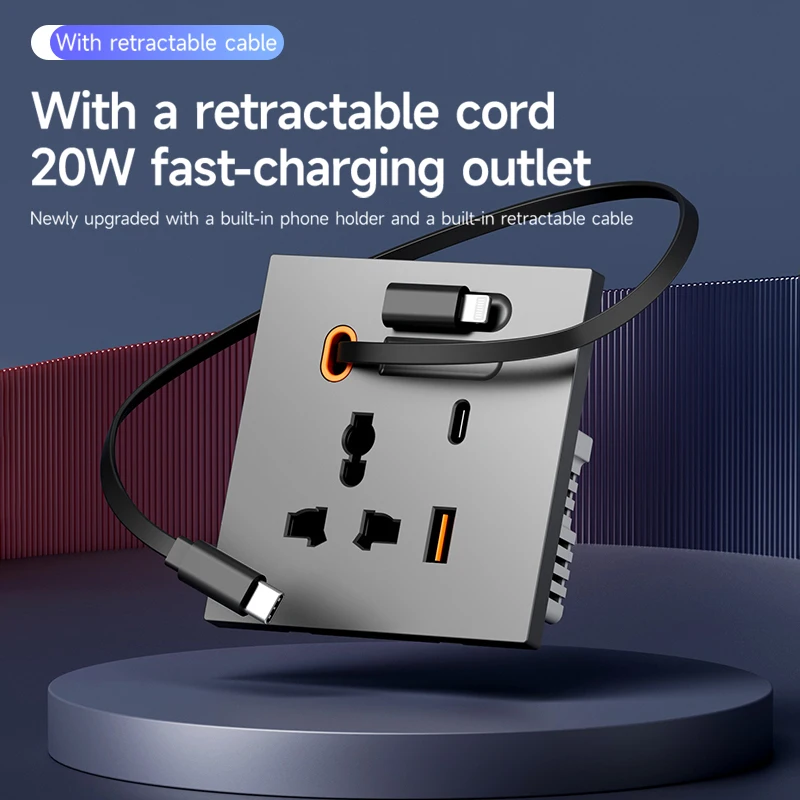 Universal UK Type-C USB Socket with Retractable Cable 80cm Wall Fast Charging 20W Charger Socket for Digital Devices
