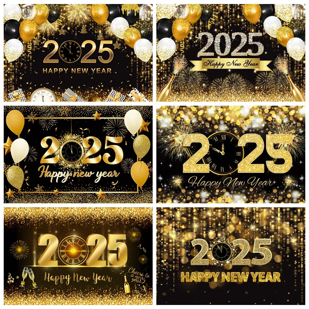 

2025 Happy New Year Backdrop Christmas Fireworks Clocks Champagne Golden Balloon Family Party Decor Photography Background Props