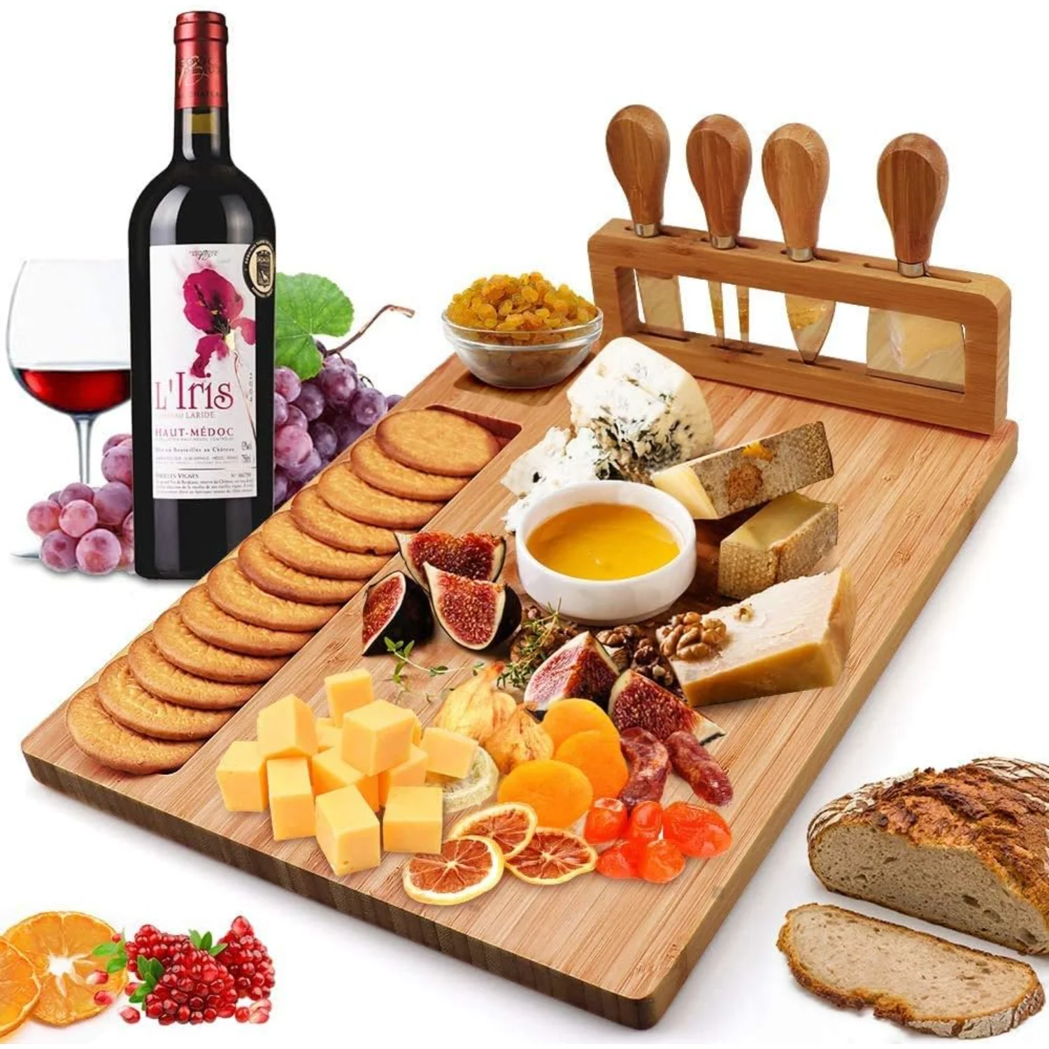 Bamboo Cheese Board Meat Charcuterie  Serving Tray W/ 4 Tableware Stainless Steel ,  Kitchen Food  Plate  Cutlery Tool, Entertai