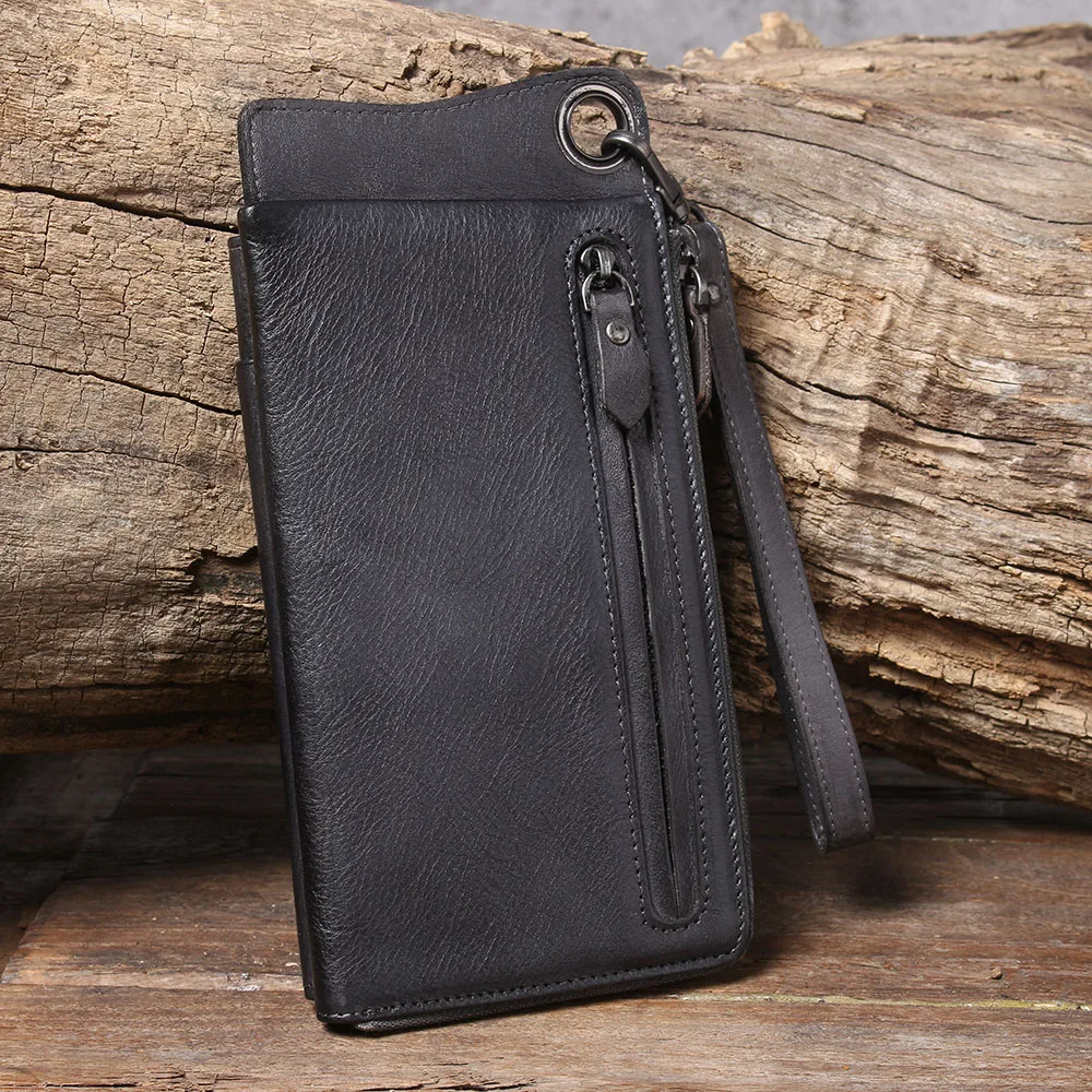 S.WORKER Echtes Vollnarbiges Rindsleder Langes Portemonnaie für Herren, Clutch mit mehreren Kartenfächern, Casual-Geldbörse mit Handgelenkschlaufe – Detail 23