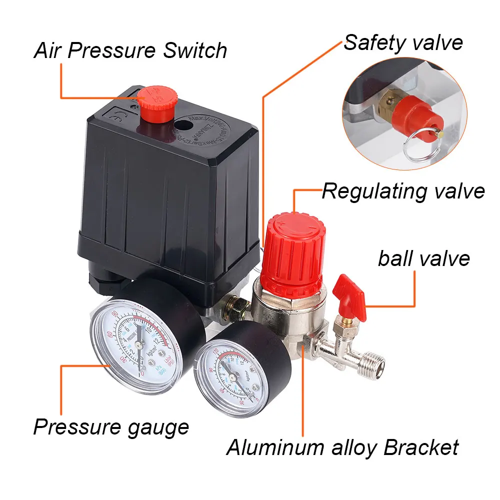 90‑175PSI 4 Port Manifold Regulator Air Compressor Pressure Switch 240V Aluminum Control Valve With Gauge Replacement Parts