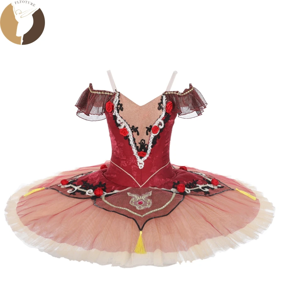 

FLTOTURE Classical Girls Kids Ballet Don Quixote Variation Cap Lace Sleeves Pancake Tutu Maroon 12 Layers Platter Skirt For Sale