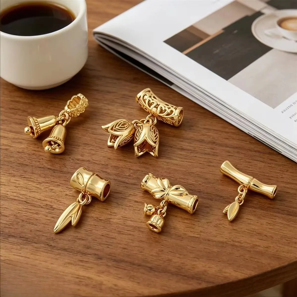 Brass 14K Gold Plated Bamboo Tube Spacer Bamboo Leaf Wreath Lily of the Valley Bell Charms DIY Bracelet Jewelry Findings