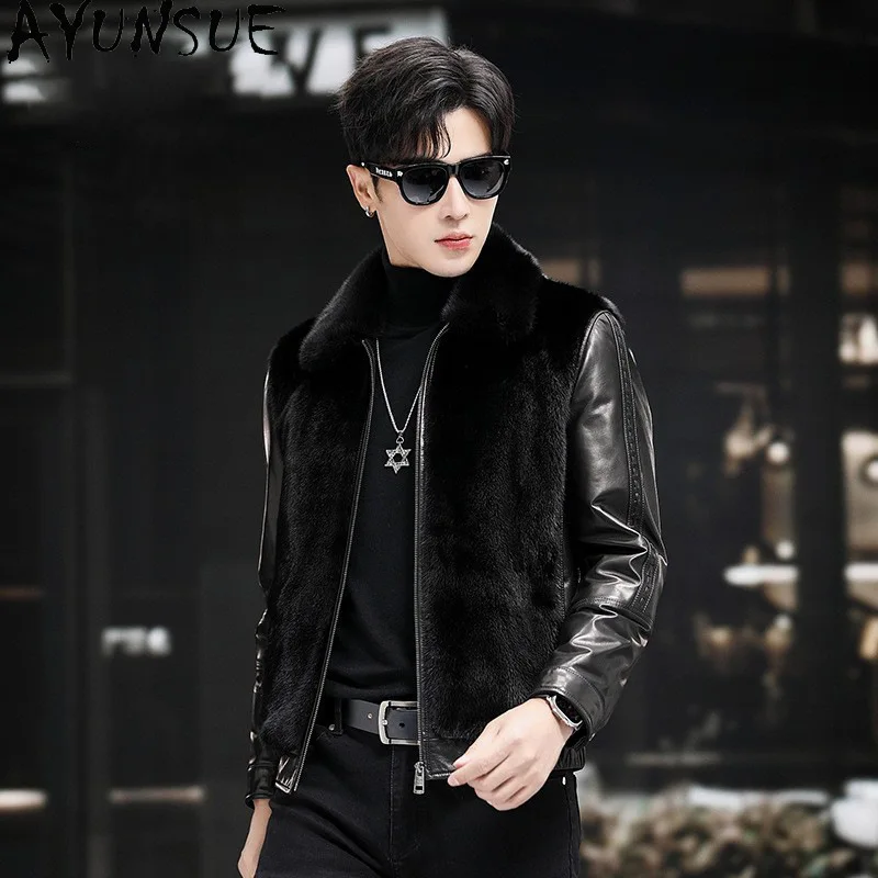 AYUNSUE Genuine Leather Man Jackets Real Mink Fur Coat Male Winter Clothes Real Goatskin New in Coats 2025 Jaqueta De Couro