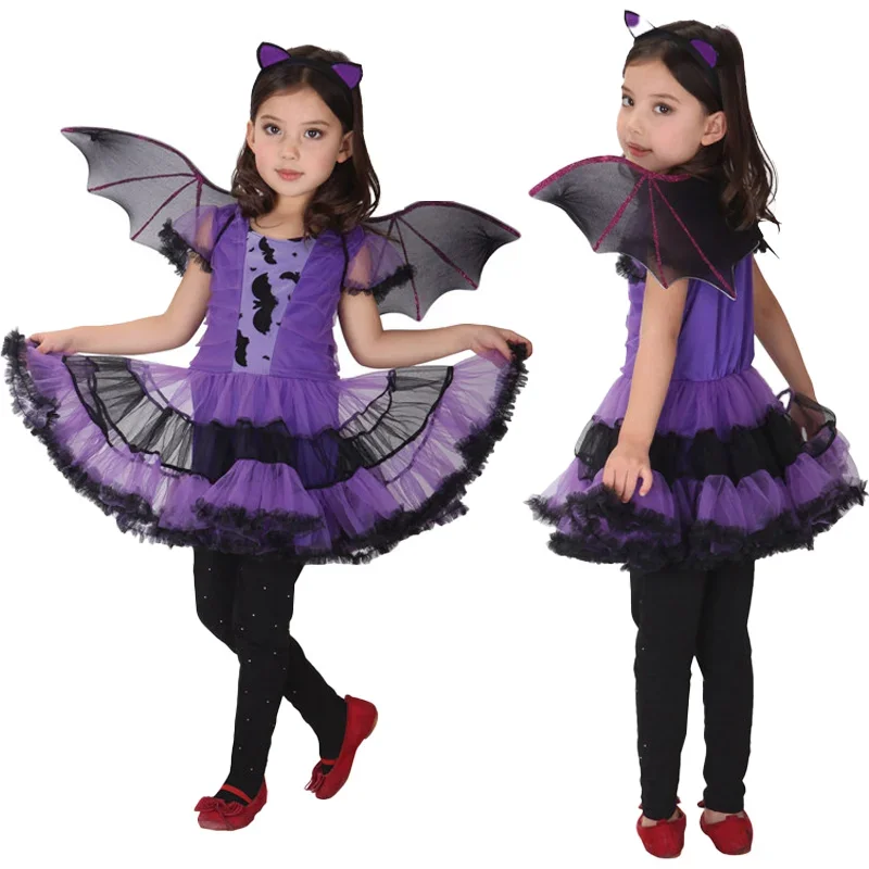 

Robe chauve-souris violette pour filles, Costume de Cosplay Vampire démon avec couvre-chef à ailes, robe fantaisie de fête d'