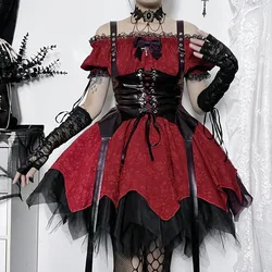 Dark Gothic Dress Women High Waist Lace Patchwork Puff Sleeve Vintage Dresses Harajuku Fairycore Grunge Streetwear Vestidos