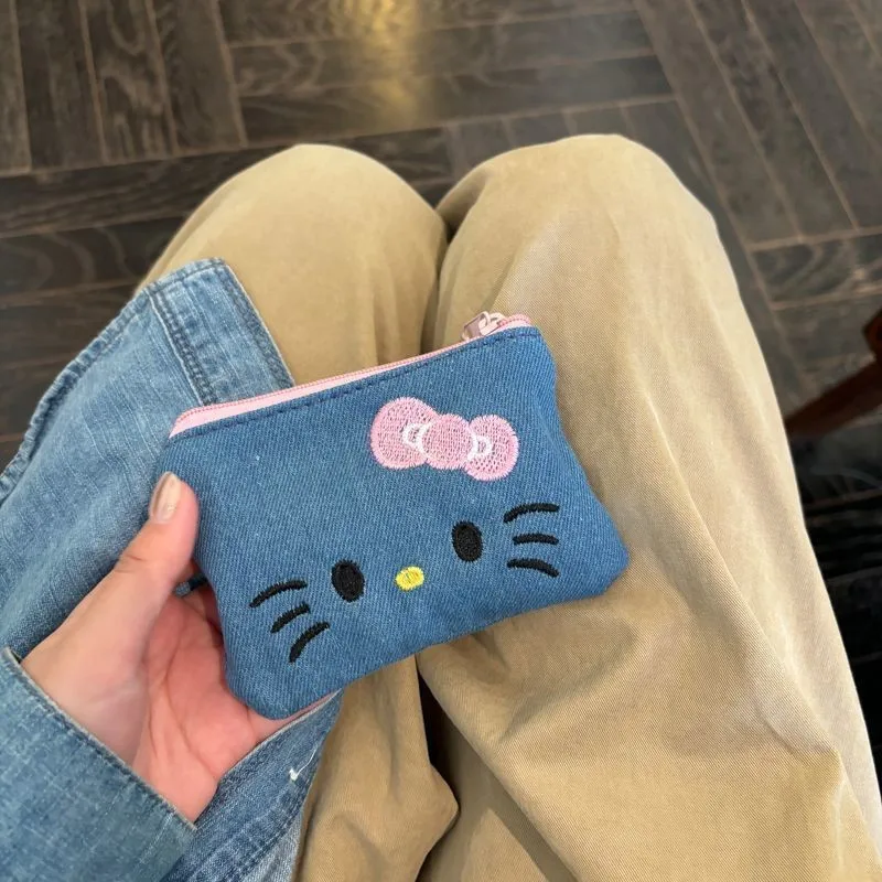 Kawaii Sanrio Anime Hobby Hello Kitty Cartoon Small Denim Embroidered Coin Wallet Portable Coin Bag Birthday Gift