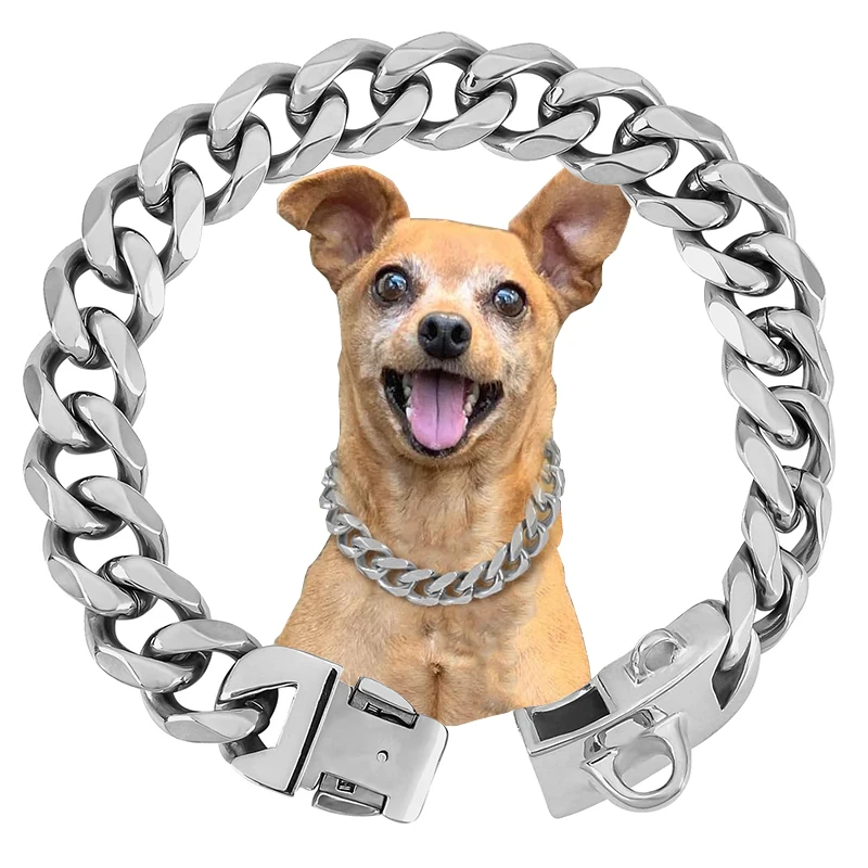 

Gold Dog Chain Collar with Secure Snap Buckle 19MM Cuban Link Dogs Collars Chew Heavy Duty for Big Dogs