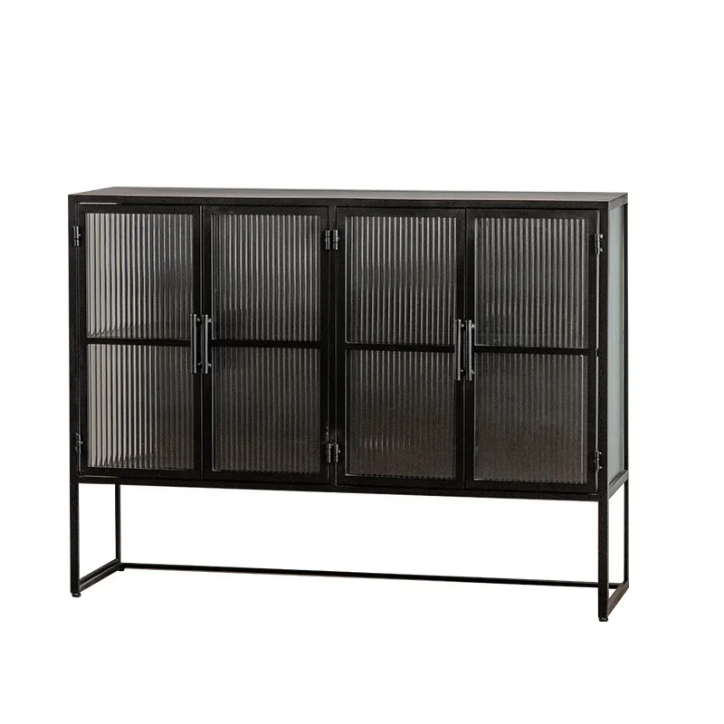 

Tempered glass dining room side cabinet, wrought iron storage cabinet against the wall