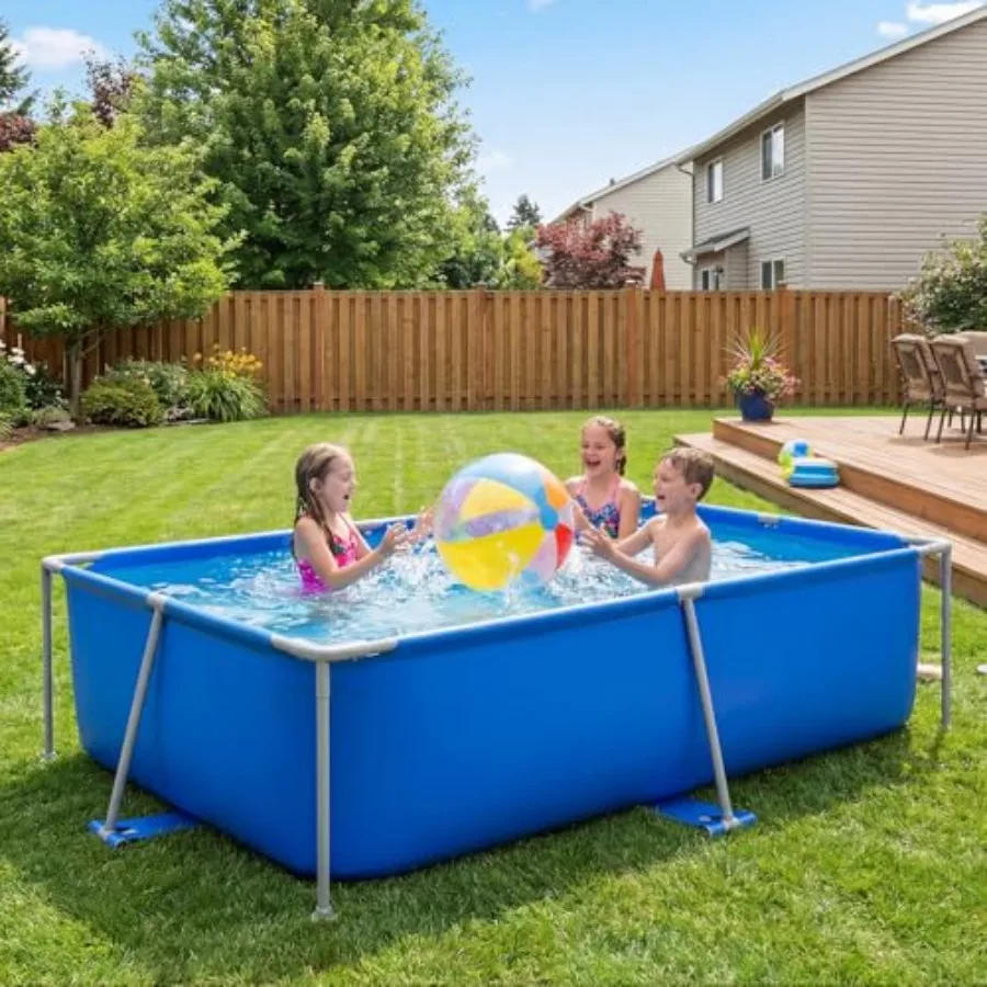 Outdoor Rectangle Above Ground Swimming Pool For Family Backyard And Camping Durable Metal Frame With Blue PVC Liner