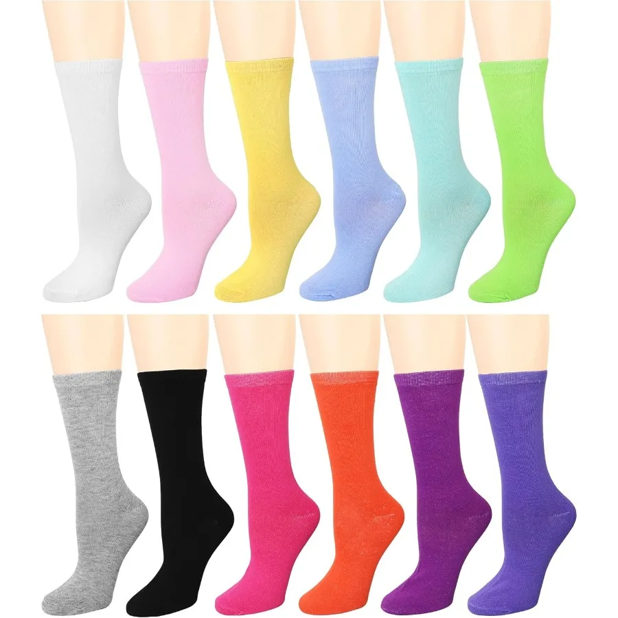 

12 Pairs Women's Cotton Crew Socks in Assorted Colors for Daily Wear Comfortable and Breathable Seamless Design Ideal for Casua