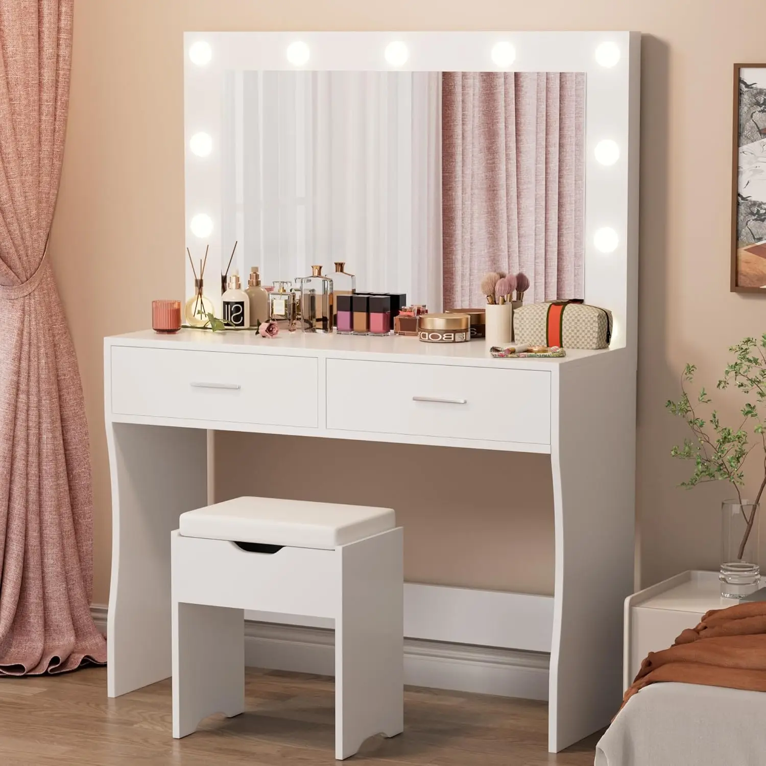 Furmax Vanity Desk Set with Large Lighted Mirror, 35.4 Inch Makeup Vanity Table with 2 Drawers, Cushioned Storage Stool, 3