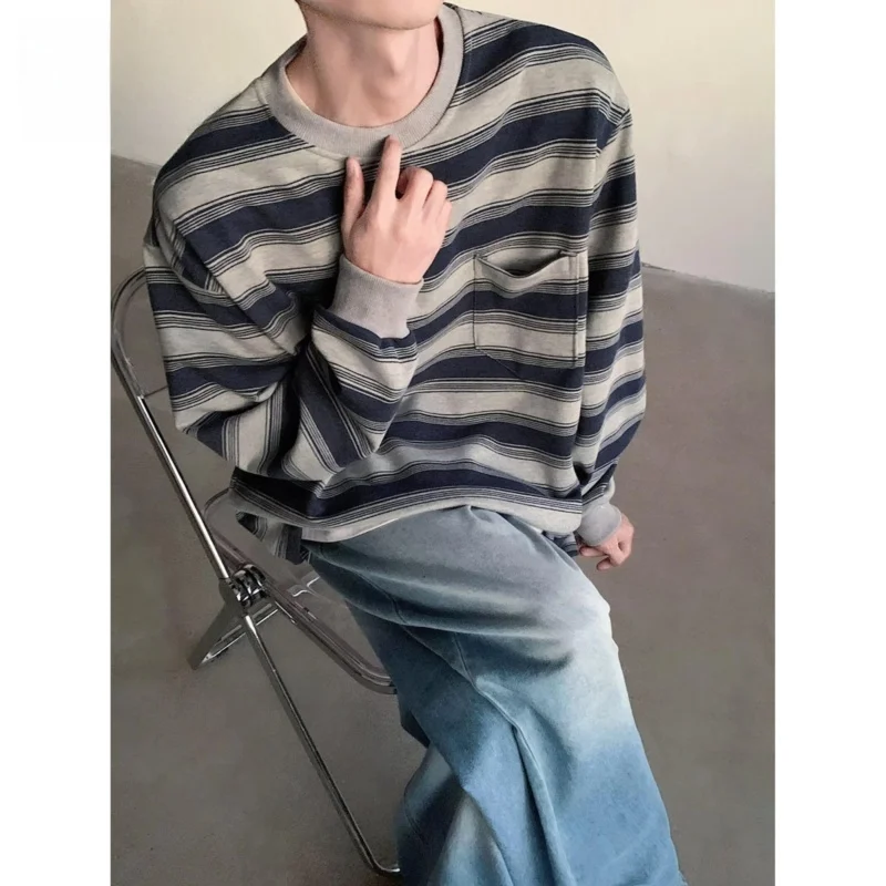 

Толстовка в морскую полоску в стиле ретро, круглая, весенне-осенняя, высокоэластичная толстовка из полиэфирной ткани для мужчин, женщин, пар