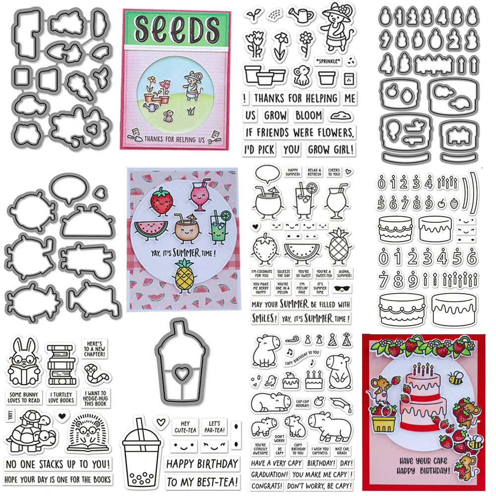 Clear Stamp and Metal Cutting Dies Bundle,Garden Cat,Book Lover Bunny,Capybara Birthday Stamp Die Set for DIY Scrapbooking Card