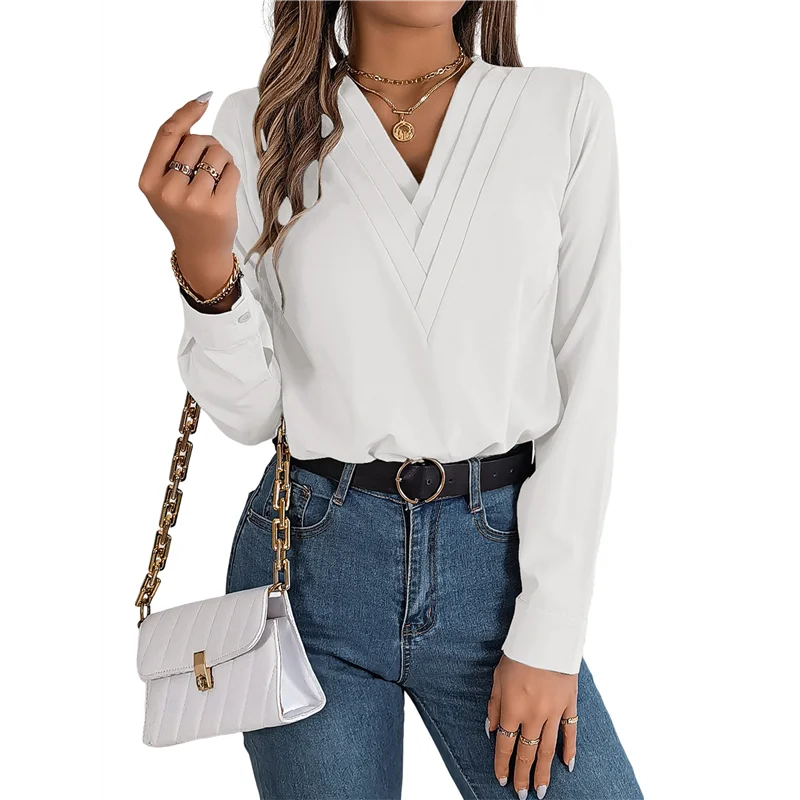 

CGS-Женская плиссированная блузка с v-образным вырезом и длинными рукавами, офисная одежда, топ