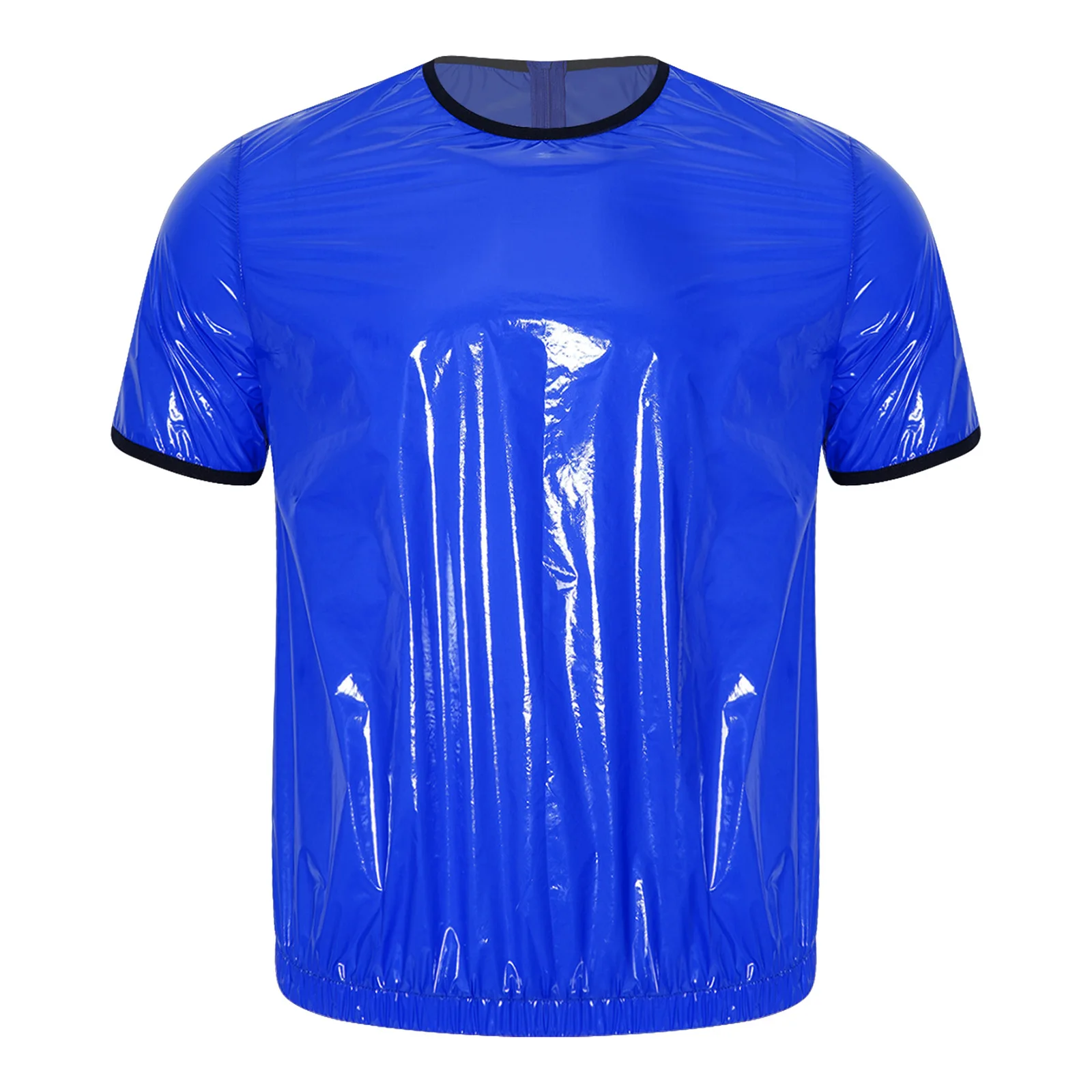 Men Swim Club Wear 2 Piece Set Waterproof Vinyl Short Sleeve T Shirt Contrast Trim Boxer Shorts Shiny